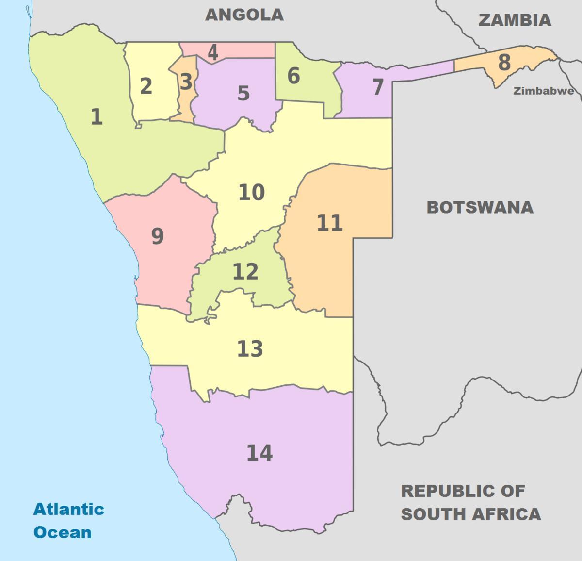 政治地图，纳米比亚